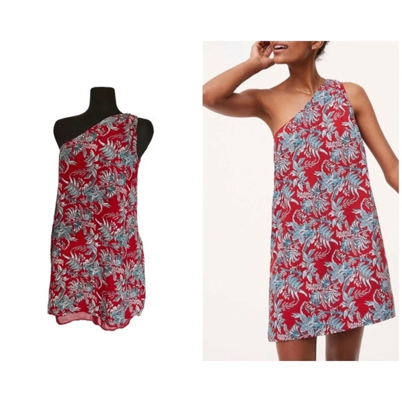 LOFT | Red & Teal One Shoulder Shift Dress - Picture 1 of 8